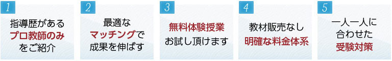 1.指導歴があるプロ教師のみをご紹介　2.最適なマッチングで成果を伸ばす　3.無料体験授業お試し頂けます　4.教材販売なし。明確な料金体系　5.一人一人に合わせた受験対策